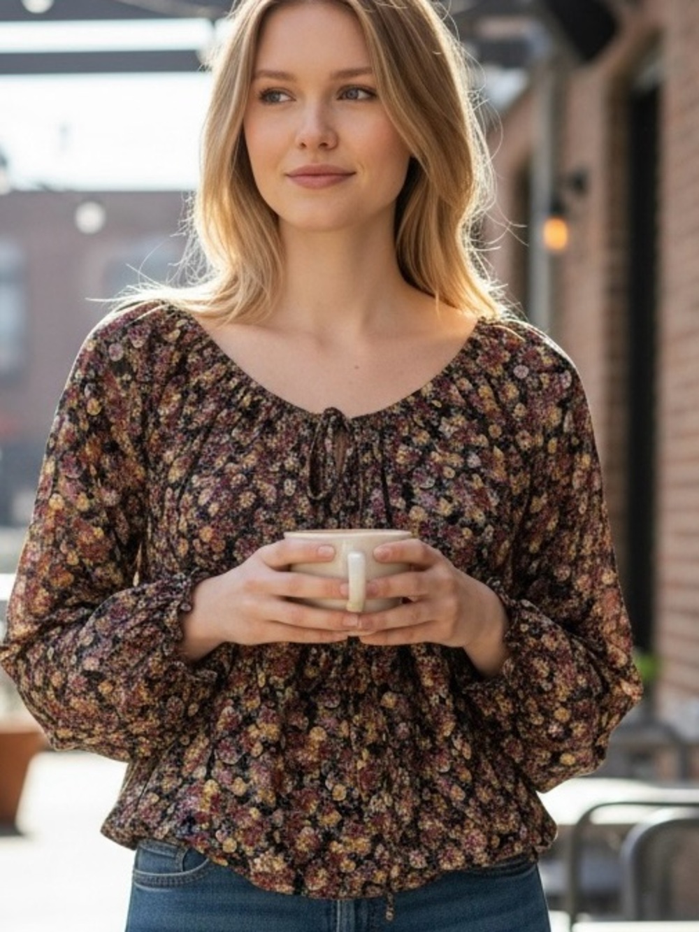 Peach Love California Floral Peasant Blouse in Brown Multi